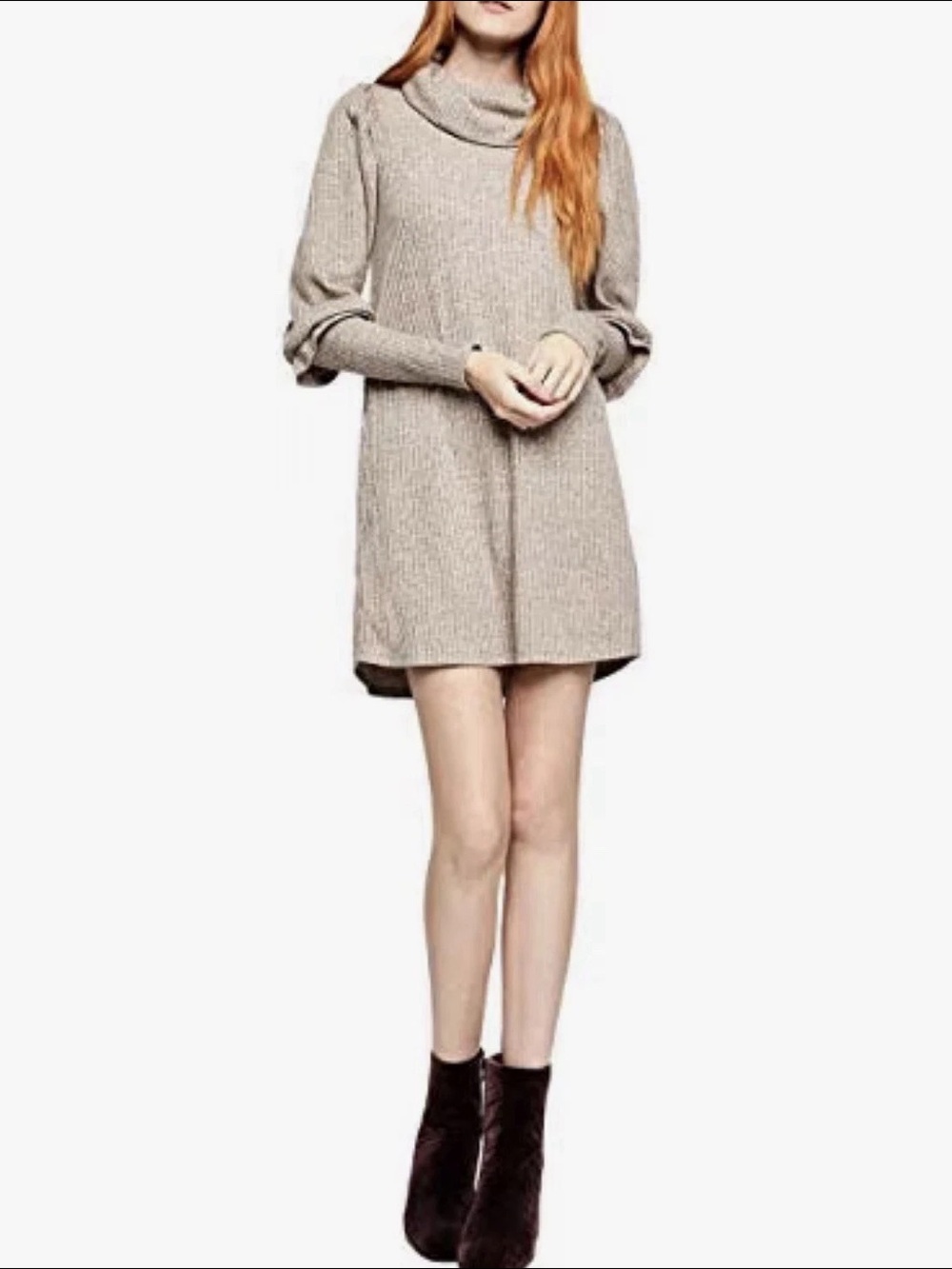 BCBGeneration Women’s Beige Ribbed Knit Bubble Sleeve Cowl Neck Sweater Dress XS